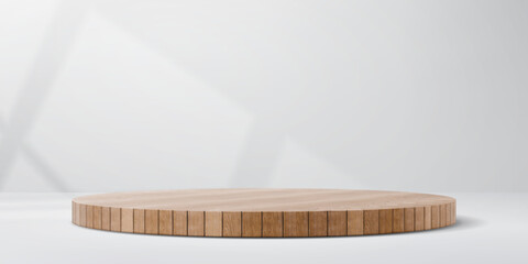 Wooden floor podium stage. Round wood platform, board display for cosmetic products presentation or exhibition. Realistic 3d vector studio interior with circular stand for eco rustic goods showcase