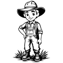 cartoon farmer vintage hand drawn line illustration, transparent background
