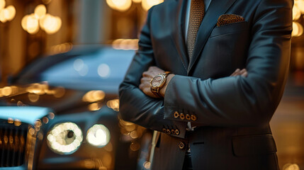 Successful male businessman next to an expensive luxury car.