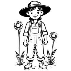 cartoon farmer ink hand drawn line illustration, transparent background
