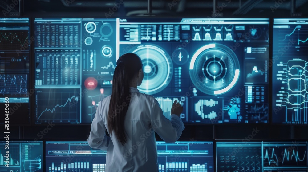 Poster big data analytics visualization technology with scientist analyzing information structure on screen