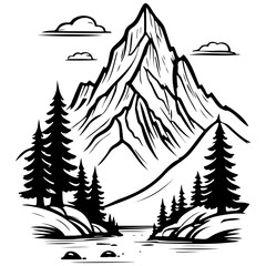 cartoon mountain hand drawn line illustration, transparent background