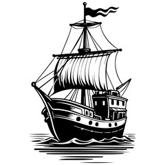 cartoon ship realistic, ink sketch of black silhouette outline, transparent background