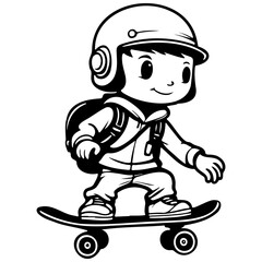 cartoon skateboard engraving drawing of black silhouette, monochrome isolated artwork