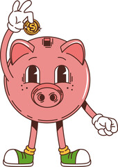 Retro groovy piggy bank character holding a coin and wearing sneakers, representing savings and finance. Isolated cartoon vector pink pig moneybox personage with a cheerful face, collecting money © Buch&Bee