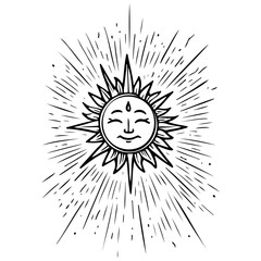 cartoon sun rays engrave hand drawn line illustration, transparent background