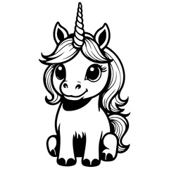cartoon unicorn drawing, vector realistic outline line, transparent background