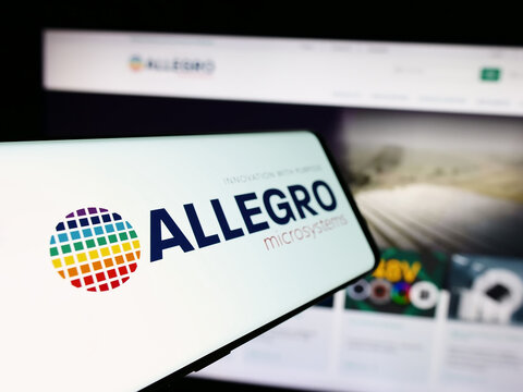 Stuttgart, Germany - 07-05-2024: Smartphone with logo of American semiconductor company Allegro MicroSystems Inc. in front of business website. Focus on left of phone display.