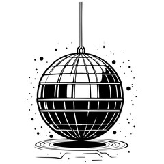disco ball vintage hand drawn line illustration, transparent background