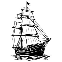 Drawing ship engraving drawing of black silhouette, monochrome