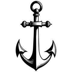 Engrave cartoon anchor drawing, black line vector, isolated line