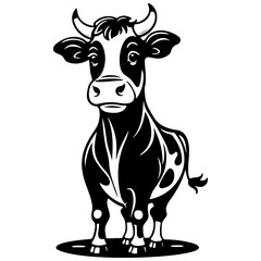 Engrave cartoon cow hand drawn line illustration, transparent background