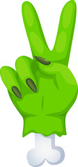 Cartoon Halloween zombi hand emoji. October celebration spooky monster palm sticker, Halloween festive or autumn season holiday scary smartphone emoji vector icon or zombi hand shoving victory gesture