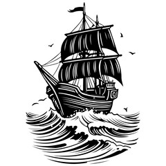 Engrave cartoon ship ink hand drawn line illustration, transparent background