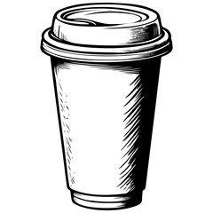 Ink coffee cup sketch, realistic line monochrome drawing, vintage engraving line art