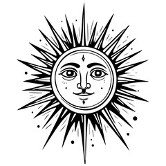 Ink cartoon sunburst drawing, vector realistic outline line, transparent background