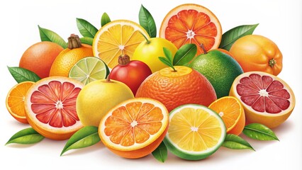 Vibrant and colorful vector illustration of assorted citrus fruits, including oranges, lemons, and grapefruits, against a clean white background.