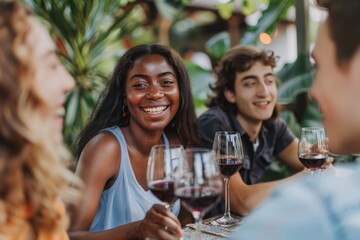 Happy friends sitting at restaurant tables drinking red wine - multi-racial young people enjoying a rooftop dinner party together - boys and girls taking a lunch break outside the concept of food and 