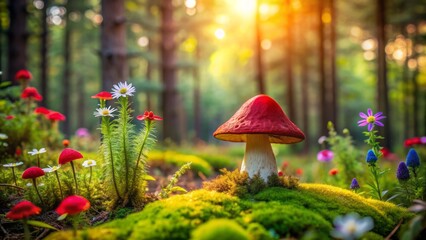 A small, pointy red hat rests on a mushroom in a vibrant, lush green forest surrounded by bright, colorful flowers.
