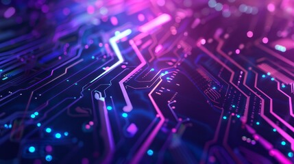 Futuristic blue and purple technology background with abstract circuit board patterns, ideal for high-tech themes, innovation concepts, and modern digital designs