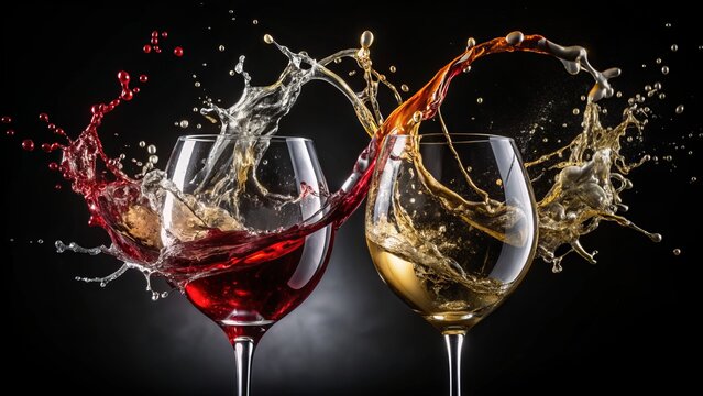 Vibrant red and white wine splashes intertwine in a mesmerizing dance, set against a sleek black background with subtle glass rim.