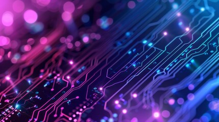 Futuristic blue and purple technology background with abstract circuit board patterns, ideal for high-tech themes, innovation concepts, and modern digital designs