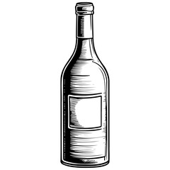 wine bottle realistic, ink sketch of black silhouette outline, transpiderarent background