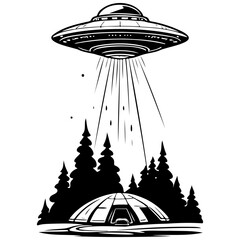 Vintage ufo drawing, outline cartoon line, vector engraving with transpiderarent background © Сергей Тарасюк