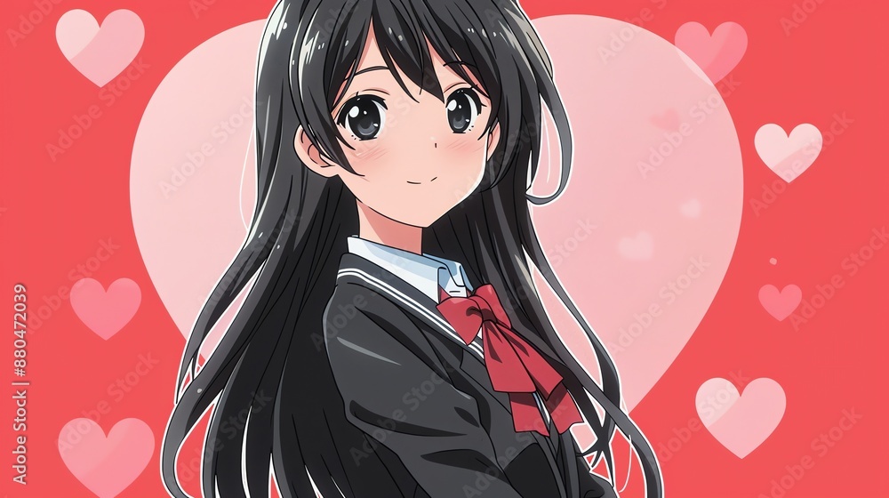 Canvas Prints An anime-style illustration of a girl with long black hair, wearing a school uniform and a red bow.