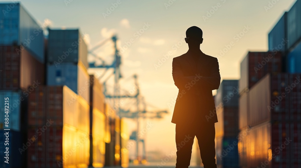 Poster a silhouette of a logistics manager stands against the backdrop of a busy container port, coordinati