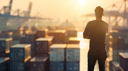 Fototapeta premium A silhouette of a logistics manager stands against the backdrop of a busy container port, coordinating transportation efforts with ample copy space.