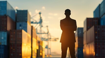 A silhouette of a logistics manager stands against the backdrop of a busy container port, coordinating transportation efforts with ample copy space.