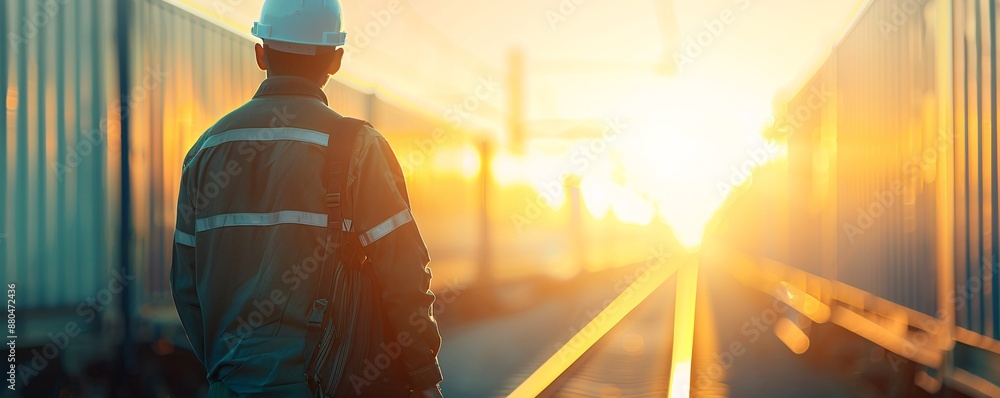 Poster the silhouette of a transportation manager overseeing a railway yard, emphasizing logistics coordina