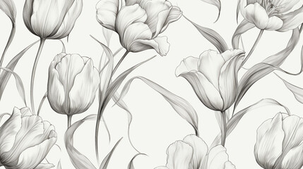 A seamless pattern of tulips, their delicate petals, and leaves intertwined in an elegant design, rendered with soft lines on a white background. seamless patterns. background.