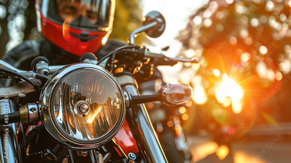 Poster Close-up of a motorcycle headlight with the sun shining in the background.