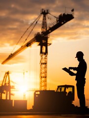 The silhouette of a transportation manager on a construction site, directing logistics with ample copy space.