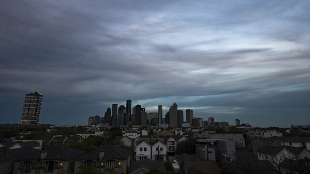 Timelapse of Houston's skyline under shifting clouds, capturing the city's dynamic energy and urban sprawl in a mesmerizing play of light and shadow.