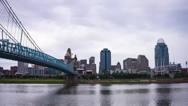 A timelapse of Cincinnati's skyline from Kentucky, featuring the John A. Roebling Suspension Bridge.
