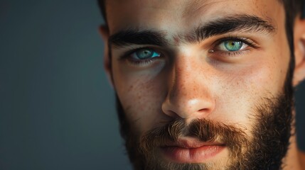 Obraz premium Close up of a man's face with blue eyes and a beard.