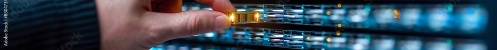 Poster abstract blurred background of a server rack with hand reaching out - technology concept.