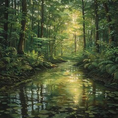 In the tranquil embrace of nature, dew-kissed leaves shimmer in the gentle light of dawn, their verdant hues painting a serene tableau of life in the forest.