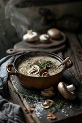 Rustic mushroom soup in a ceramic pot, garnished with fresh herbs, served in a cozy kitchen setting.