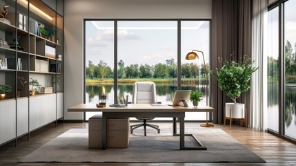 Fototapeta premium A stylish home office with a large desk, ergonomic chair, modern bookshelf, and a large window offering a peaceful view, designed for productivity.