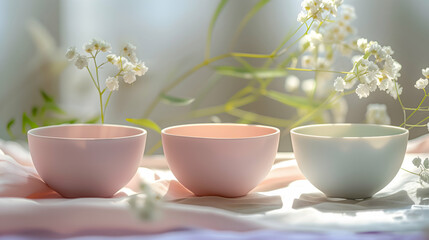 Soft light illuminates three pastel bowls and delicate white flowers, creating a serene, airy ambiance.