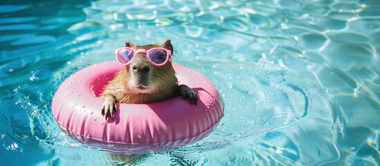 A capybara swims on an inflatable ring in a pool. Pool, summer, vacation, rest, relax