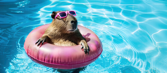 A capybara swims on an inflatable ring in a pool. Pool, summer, vacation, rest, relax