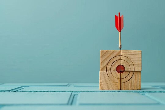 Wooden blocks with a target and arrow on a light blue background, symbolizing goal achievement and strategic planning in business Flat lay High quality, no realistic photo details