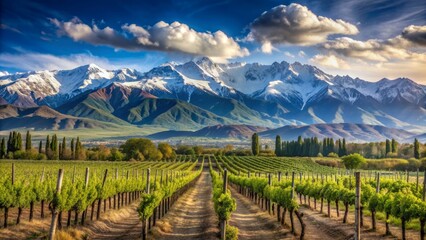 Obraz premium Snow-capped Andes mountains majestically backdrop lush green vineyards cultivating Malbec grapes in Mendoza's picturesque Lujan de Cuyo valley landscape.