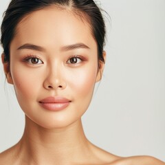 Obraz premium An Asian woman in a half-body view, with visible arms, applying natural eye makeup with soft, neutral tones. The background is isolated on a white background in a high-resolution photographic style.