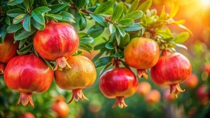 Vibrant orange pomegranates cluster on a lush green tree branch, soft diffused light accentuates intricate arils against blurred natural background.